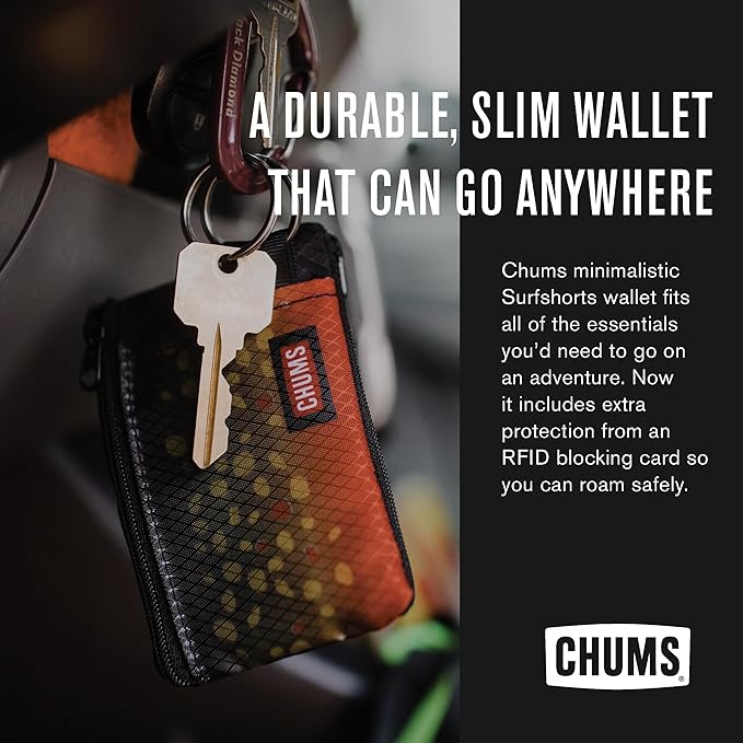 Chums Surfshorts Wallet - Lightweight Slim Wallet with RFID Blocking Card & Clear ID Window - Zippered, Water Resistant w/Key Ring (Black/Blue)