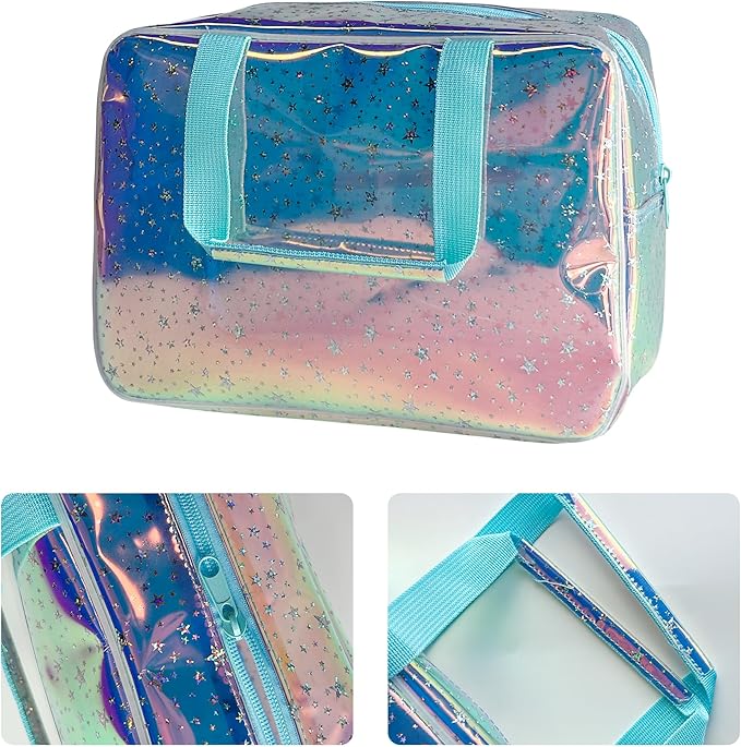 Holographic Blue Clear Star Large Cosmetic Bag and TPU Travel Pouch with Handle,Durable Material,Zipper Design-Ideal for Makeup,Travel Essentials (Holographic Blue+Stars)