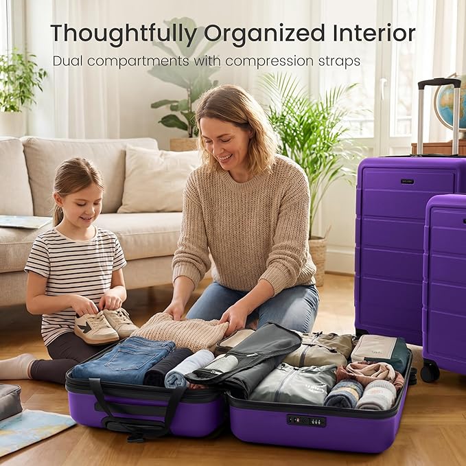 SHOWKOO Luggage Sets Expandable 100% PC Durable Suitcase Sets Double Wheels TSA Lock 4 Piece Luggage Set Purple