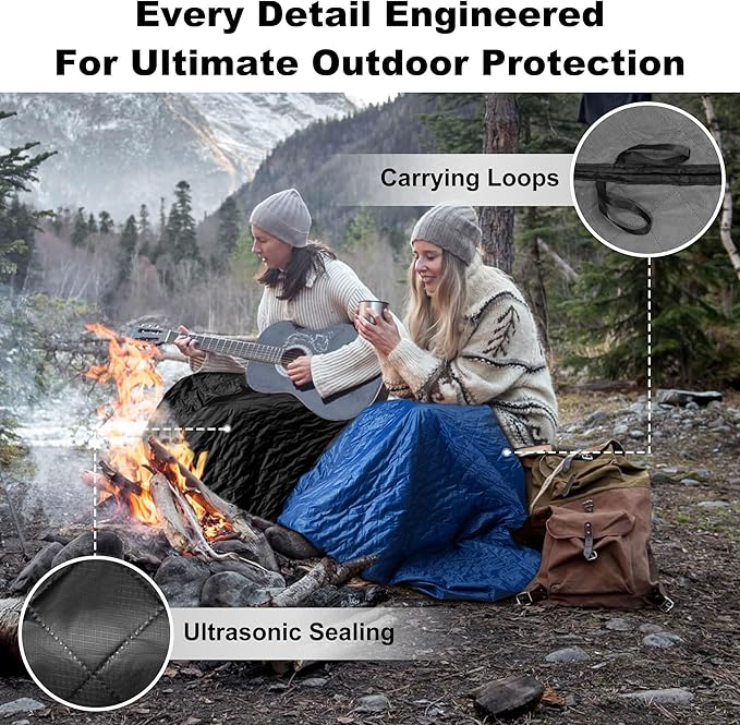 Waterproof Outdoor Blanket 92”X 60” Packable, Stadium Blankets for Camping with Quilted Fleece Lining, Large Windproof Emergency Throw Mat for Garss Picnic Hiking Road Trip, Machine Washable, Black