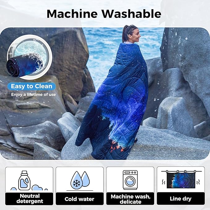 KingCamp Ultralight Camping Blanket, Packable Down Alternative Puffy Printed Wearable Blanket with Snap Buttons & Corner Loops Weatherproof Quilt for Outdoor Travel Stadium (78.7"L x 57.1"W)