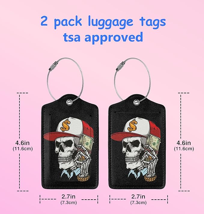 Luggage Tags for suitcases 2 Pack Skull Luggage Tag Leather Stainless Steel Loop Label Tag for Men Travel Bag Suitcase Skeleton