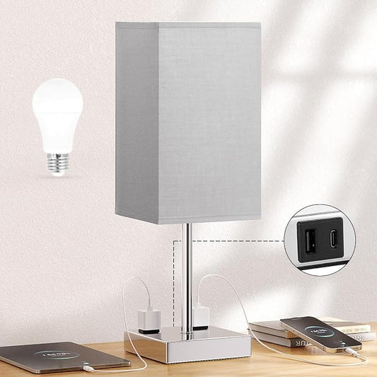 17.4" Grey Touch Table Lamp for Bedroom - Dimmable, USB C+A, 2 AC Outlets | 3-Way Dimming, 3000K Bulb Included, Square Grey Lampshade and Silver Base, Desk Lamp for Nightstand, Living Room, Dorm
