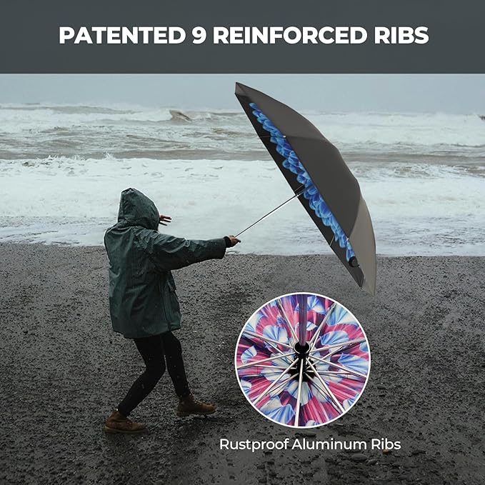 ZDSSM Compact Inverted Travel Umbrella, Automatic Open Close, 9-Rib 46 Inch Windproof Umbrella, Waterproof UPF 50+, Portable Umbrellas for Men, Women, Travel, and Daily Use