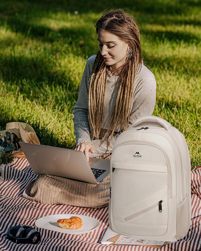 MATEIN Laptop Backpack Women Large Capacity, TSA Travel Backpack with Luggage Strap & Anti Theft Pocket, Water Resistant Teacher College Bookbag Fits 17 Inch Computer, Stylish Beige Work Daypack