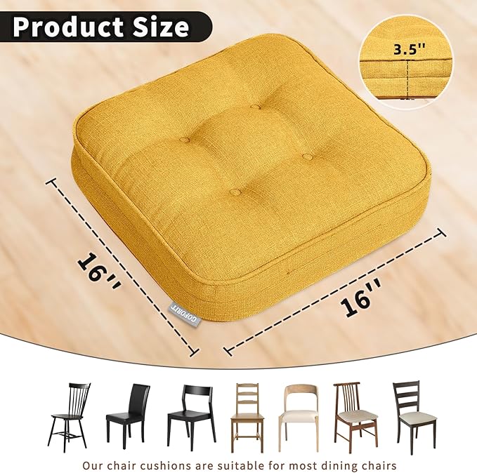 GOFORIT Memory Foam Cushion，Square Seat Cushions for Dining Chairs,Non-Slip Chair Pads with Removable Cover, 16'' x 16'', Yellow