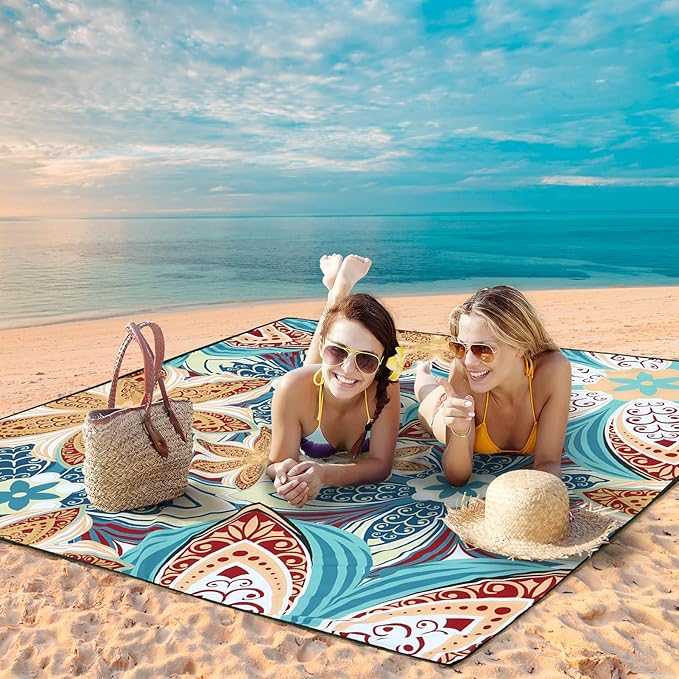 Beach Blanket Waterproof Sandproof Beach Mat for 1-8 Adults Quick Drying Durable Outdoor Picnic Mat for Beach Festival Travel Camping Hiking (Flourishing Blossom-R&GN, 79"×83"(4 Person))