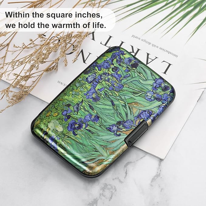 ELFISH Mini RFID Aluminum Wallet Credit Cards Holder Business Card Case Metal ID Case for Men Women(Iris Flower)