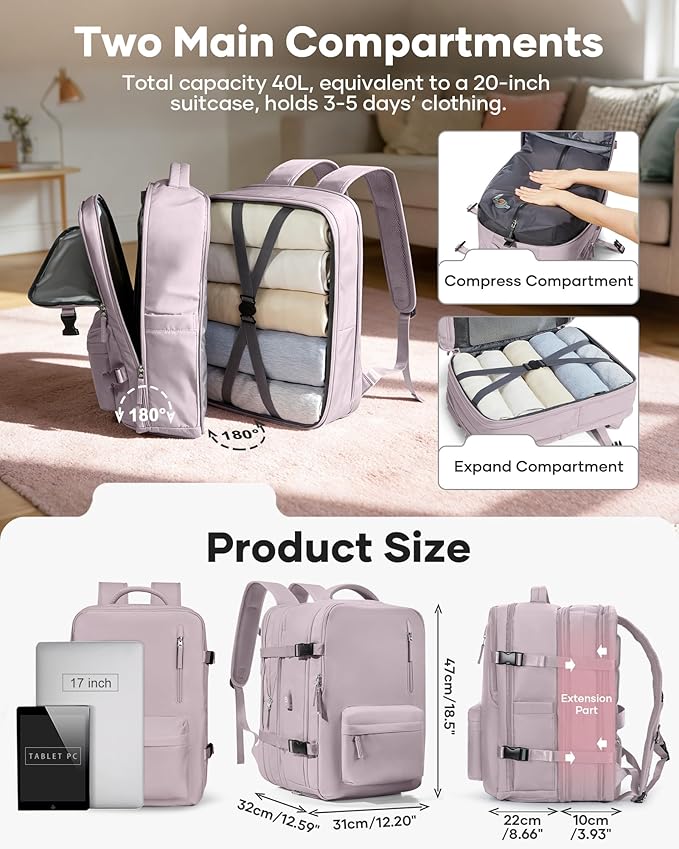 VECAVE Vacuum Backpack Travel with Pump, Expandable Personal Item Carry on Backpacks for Women Men, Laptop Waterproof Work Compression bags with USB Casual Daypack Pink
