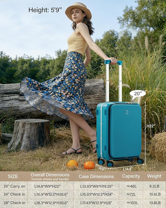 Hanke 20 Inch Top Opening Carry On Luggage, Hard Shell Suitcase with Cup Holder,USB Charging Port, Aluminum Frame with TSA Lock, 8 Spinner Wheels, Dry-Wet Separation Removable Dividers,Caribbean Blue