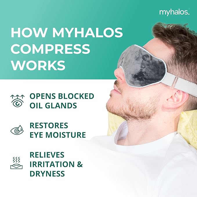 MyHalos® Heated Eye Mask for Dry Eyes - Steam Warm Compress for Eyes - Remove Styes, Chalazion Therapy Warming and Heating Pad Hot Compress - Moist Heat Mask for Blepharitis & MGD - FSA|HSA Eligible