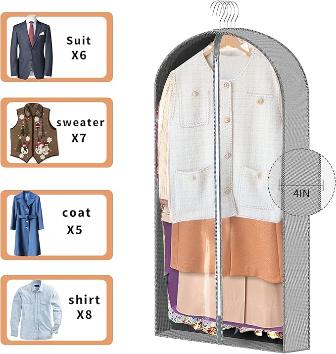 3 Pcs Garment Bags, 40" & 50" PEVA Moth-Proof Breathable Dust Cover, Hanging Clothes Covers with Bedroom, Suits, Padded Clothes, Shirts Prevent Dust