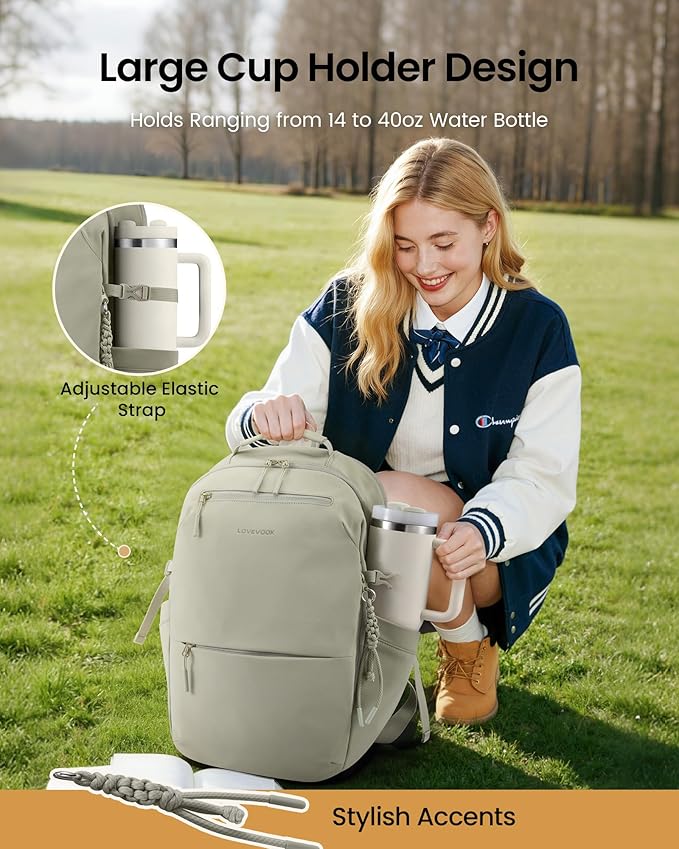 LOVEVOOK Laptop Backpack for Women Men with Giant Tumbler Holder - 17.3Inch Work Computer Travel Backpack with Laptop Compartment, Water Resistant, Cute Commuter College Teacher Nurse Purse Bag,Green