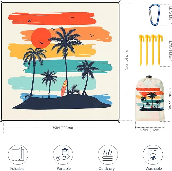 HIHOHO Beach Blanket Waterproof Sandproof Beach Mat 79”x 83” for 1-8 Adults Quick Drying Durable Outdoor Picnic Mat for Beach Festival Travel Camping Hiking (Rainbow Cocotree-YL, 79"×83"(4 Person))