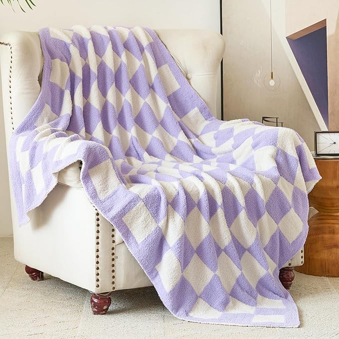Checkered Blanket, Cozy Soft Throw Blankets for Couch Bed, Fluffy Plaid Lightweight Comfy Travel Picnic Blanket Gifts for Sofa Chair Living Room Camping (Lavender Purple, Twin 60"x80")