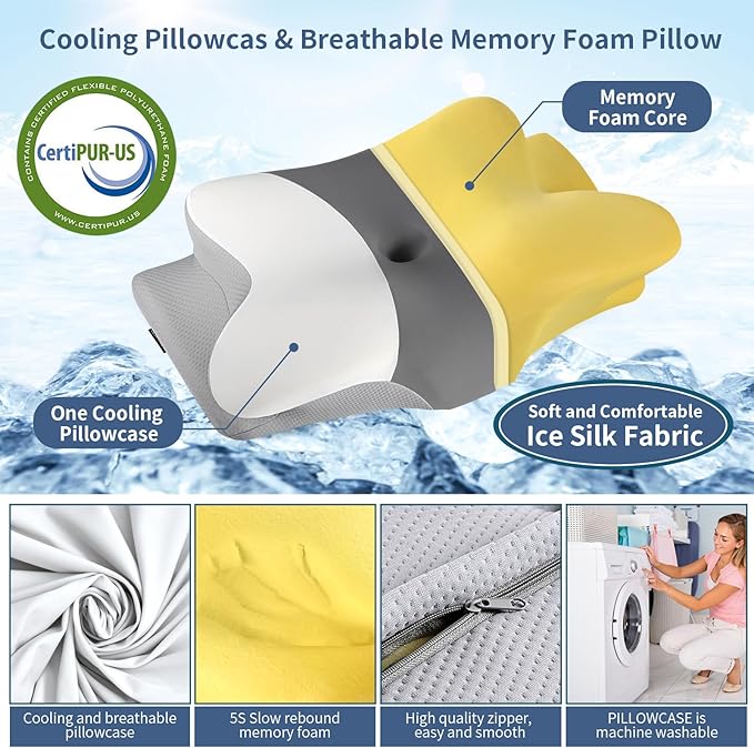 Cervical Neck Pillow for Pain Relief - Ergonomic Side Sleeper Pillow for Neck Support, Cooling Cervical Pillow for Sleeping, Contour Orthopedic Memory Foam Pillows for Back Stomach Sleepers
