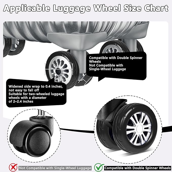 8 Pcs Upgraded Luggage Wheel Covers, Suitcase Protector, Wear-Resistant Anti-Noise Silicone Wheel Covers for 2-2.4” Spinner Wheels, Travel Accessories for Carry On Luggage (Black, Small)