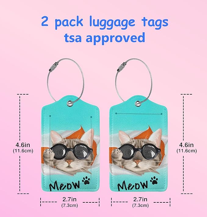 2 Pack Cute Cat Luggage Tags for Kids Girls Women Travel Funny Animal with Sunglasses Print on PU Leather Bag Tags Accessories Privacy Cover ID Label with Stainless Steel Loop for Backpack Suitcase