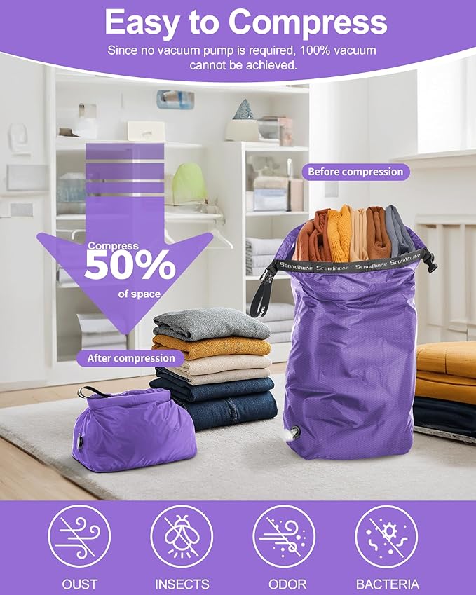 Travel Compression Laundry Bag for Dirty Clothes, Pump-Free Vacuum Space Saver Bag, Reusable Waterproof Wet Dry Bag, Travel Laundry Bag for Luggage, Packing, Suitcase (1 Pcs)（Purple, M)