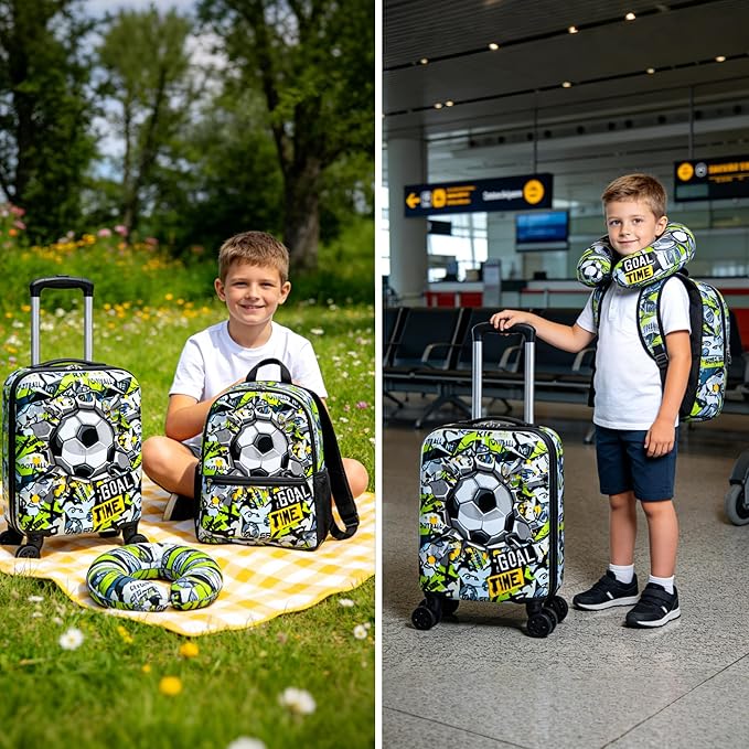 Kid’s Luggage Set 6 Piece Suitcase Set 16" Hardside Luggage with Spinner Wheels Girls Boys Carry on Luggage Travel Rolling Luggage Airline Approved (Soccer)
