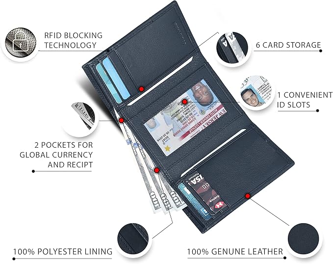 Real Leather Mens Trifold Wallet RFID Blocking Slim Minimalist Front Pocket - Thin & Stylish with ID Window in Gift Box