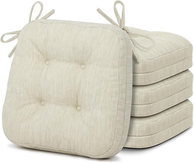 Shinnwa Dining Chair Cushions Set of 4, Dual-Layer Memory Foam Kitchen Chair Cushions, Patented Design Seat Pads with Ties, 16.5 x 16.5 x 3.5in, 4 Pack, Ivory