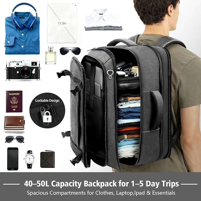 Comfort Travel Backpack with LifetimeWarranty,Expandable Carry on Backpack 1-5 Days with USB Cable Port,Fits 17.3" Laptop Notebook,Water Resistant Backpack Flight Approved Hiking,College Travel,Grey
