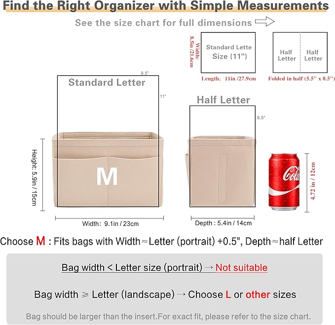 Purse Organizer Insert, Handbag Organizer with Zipper, Tote Shaper with Cup Holder & Keychain, Compatible with LV, Neverfull, MK, COACH, Longchamp, Kate Spade – Beige-Med