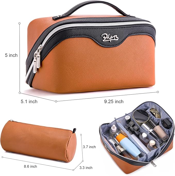 BOYATU Travel Makeup Bag Organizer Cosmetic Bag: 3 Pcs Set Make up Bags for Women with Handle - Waterproof Vegan Leather Toiletry Bags Travel Essentials Pouch with Compartments (A-07-Orange)