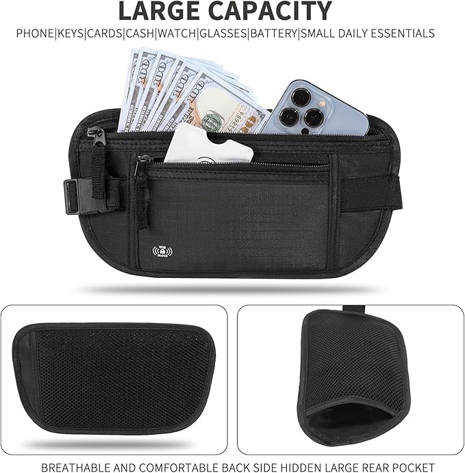 Money Belt for Travel Fanny Pack for Men Hidden Travel Pouch Fanny Pack for Women Hidden Rfid Passport Holder for Travel (Black)