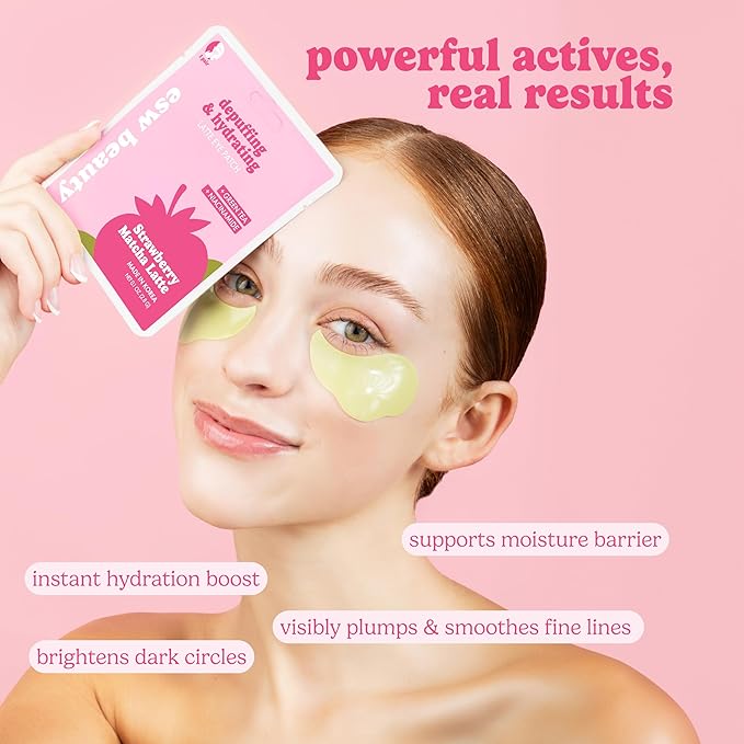 ESW Beauty Strawberry Matcha Latte Under Eye Patches (5-Pack) – Depuffing & Hydrating – Vegan Hydrogel with Green Tea for Refreshing, Nourished Under Eyes