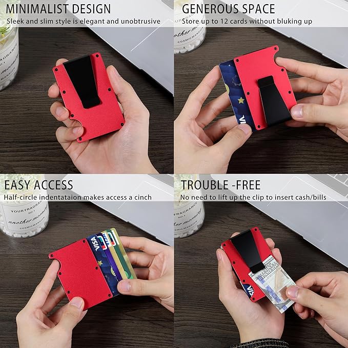 Minimalist Carbon Fiber Wallet for Men, Money Clip Cash Strap Wallet, RFID Blocking Metal Wallet Aluminum Card Holder,Front Pocket Wallet(Matte Red)