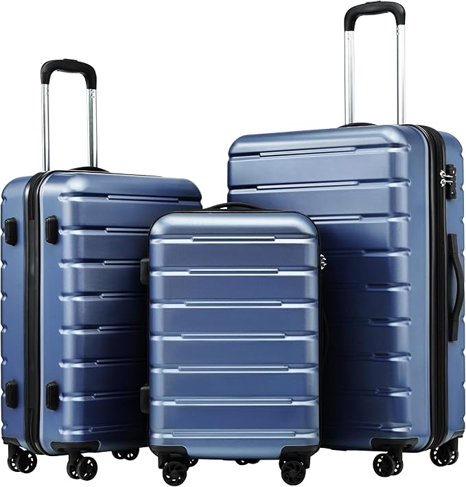 Coolife Luggage 3 Piece Set Suitcase Spinner ABS+PC Hardshell Lightweight TSA Lock USB Port, 20in 24in 28in Carry on Expandable (only 28’’), Ice Blue