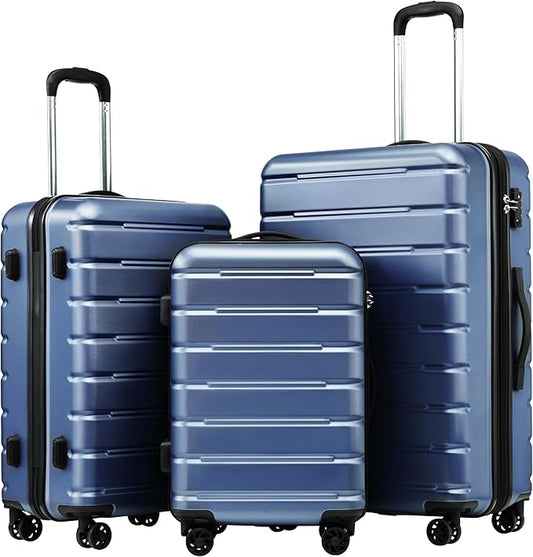 Coolife Luggage 3 Piece Set Suitcase Spinner ABS+PC Hardshell Lightweight TSA Lock USB Port, 20in 24in 28in Carry on Expandable (only 28’’), Ice Blue