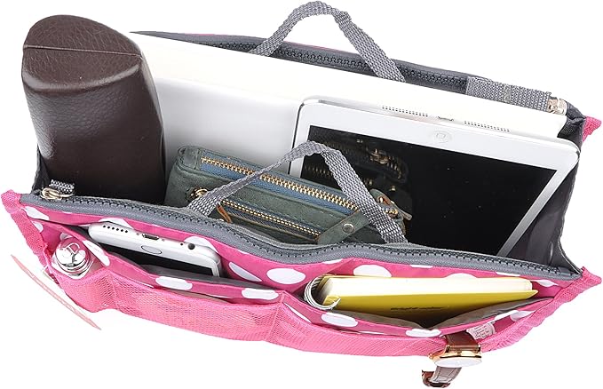 Vercord Purse Organizer Insert for Handbags Bag Organizers Inside Tote Pocketbook Women Nurse Nylon 13 Pockets Rose Dot Large
