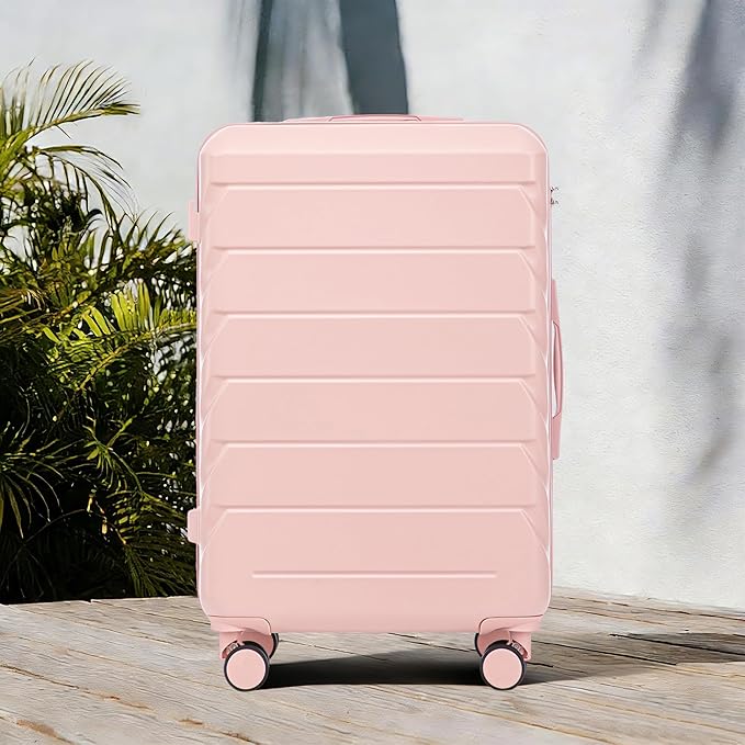 28 Inch Checked-Large Luggage, Lightweight ABS Hard Shell Suitcase with Spinner Wheels, Expandable Travel Luggage with Combination Lock & Side Hooks for Men Women (Pink, 28)