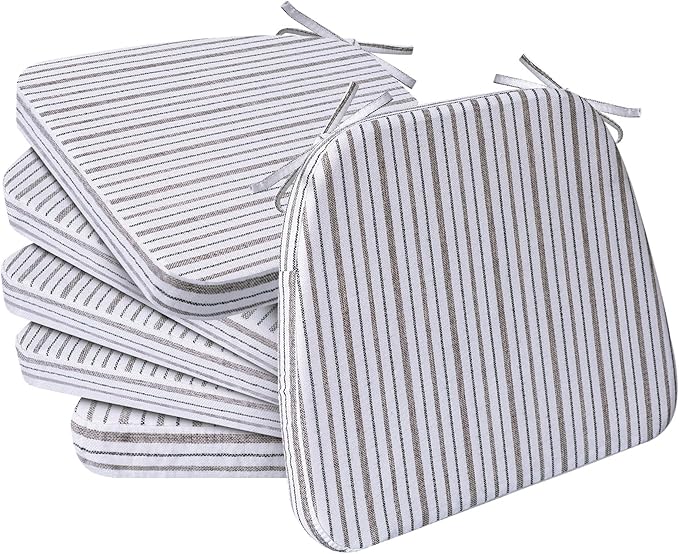 AAAAAcessories D-Shaped Chair Cushions, 2" Thick Dining Chair Pads with Ties and Removable, Machine-Washable Cover, 17" x 16", Set of 6, Pinstripe Brown