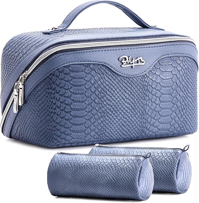 BOYATU Travel Makeup Bags for Women: 3 Pcs Set Wide Open Cosmetic Bag - Portable Make up Bags with Handle - Vegan Leather Toiletry Organizer Bag with Divider (G-05-Blue)
