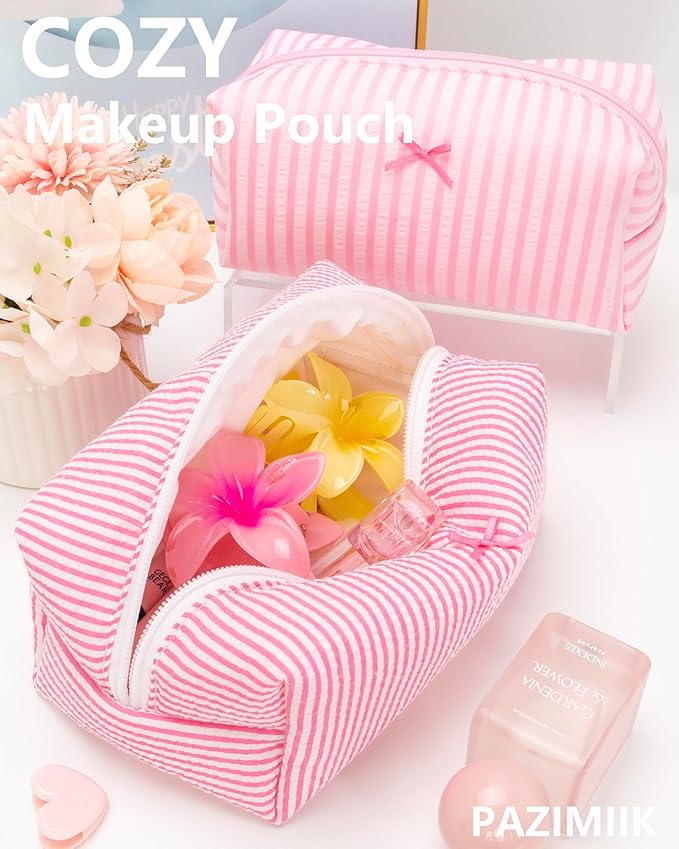 PAZIMIIK 2PCS Cozy Makeup Bag Small Aesthetic Travel Zipper Cosmetic Pouch for Women Make Up Beauty Accessories Brushes, Stripe Hotpink