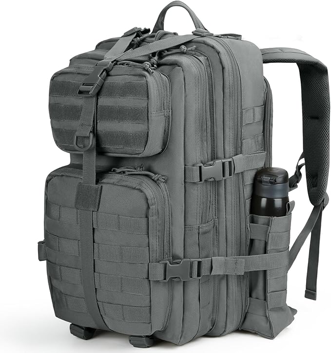 REEWBOW GEAR 40L Military Tactical Backpack For Men 3 Day Survival Heavy Duty Daypack MOLLE Bug Out Bag Hiking Rucksack (Grey with Bottle Holder)