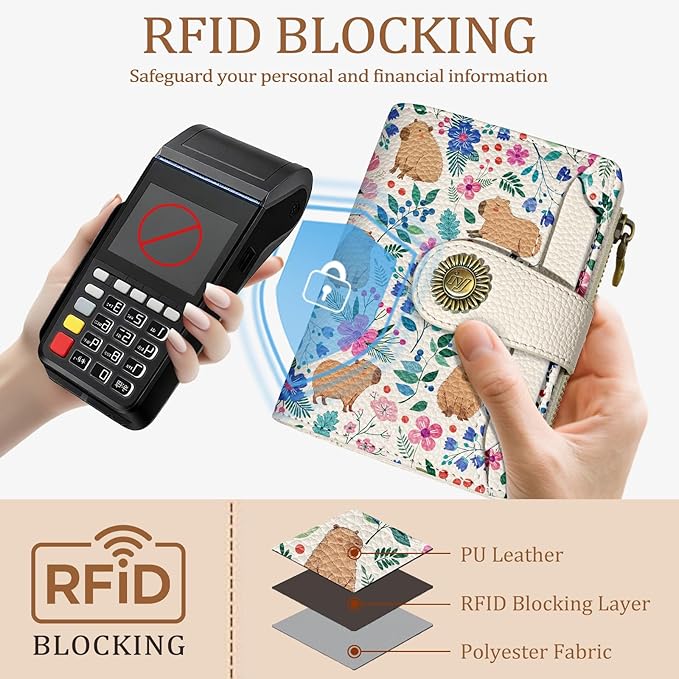 Icycay Cute Capybara Wallet Women Small RFID Blocking Bifold, Credit Card Holder, Zipper Coin Pocket, PU Leather, Compact, Travel, 4 ID Window, 14 Card Slots, Cash Purse, Ladies Woman Female Girls
