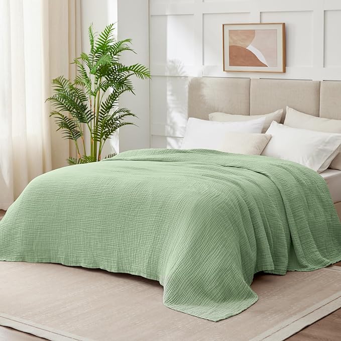 100% Cotton Muslin Blanket California King 120" x 90", 6 Layers Breathable and Lightweight Oversized Blankets for Bed, Soft Cooling Gauze Blanket for Adults All Season, Sage Green