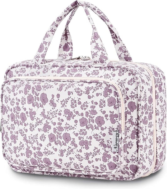 Narwey Travel Toiletry Bag for Women Large Hanging Makeup Bag Organizer Toiletries Bag for Full Size Essentials Accessories Cosmetics (Dusty Pink Flower (Large))