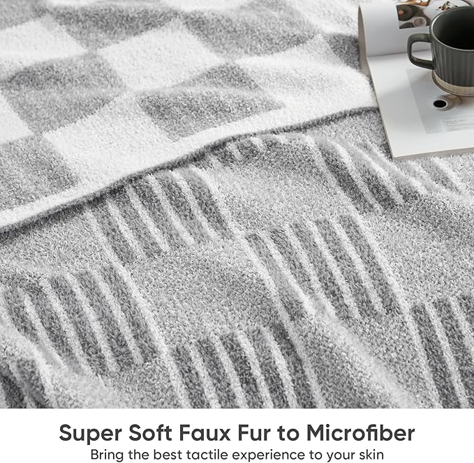 Snuggle Sac Checkered Throw Blanket for Couch,Reversible Soft Cozy Fluffy Blankets for Sofa Bedroom,Cute Lightweight Striped Throws for Women,Heather Light Grey,50x60 inches