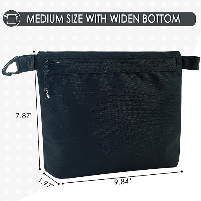 YUMQUA Small Pouch for Travel Essentials, Makeup Pouch Bag with Carabiner Clip on Backpack Dopp Kit Storage Organization for Toiletries, Cosmetics, Tech, Tools, Water Resistant 500D Nylon (Black)