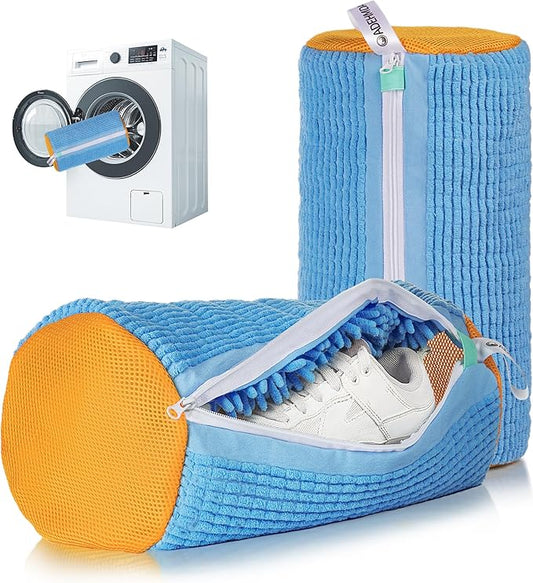 2Pcs Shoe Washing Machine Bag, Sneaker Laundry Bag for Washing Machine, Extra Long and Thick Microfibre Fluff, Reusable for Washer and Dryer (2pcs, Blueish Yellow)