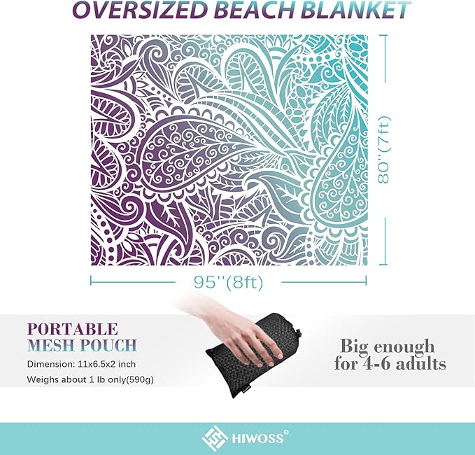 Beach Blanket Waterproof Sandproof Oversized 95”x 80”,Sand Free Beach Mat with Corner Pockets,Portable Mesh Bag for Beach Festival,Picnic,Travel and Outdoor Camping (Ombre Purple Blue)