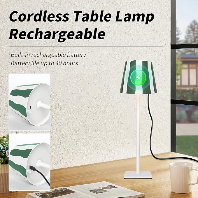 Mr. White Outdoor Waterproof Cordless Wireless Rechargeable Portable Top Touch Battery Operated Powered LED Table Lamp Desk Lamp Lights for Restaurant Kitchen Patio Dinner Dining (Green)