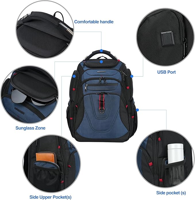 KROSER Friendly Travel Laptop Backpack 17.3 inch XXXL Gaming Backpack Water-Repellent College Daypack Business Backpack with RFID Pockets & USB Port for Men/Women-Black/Haze Blue