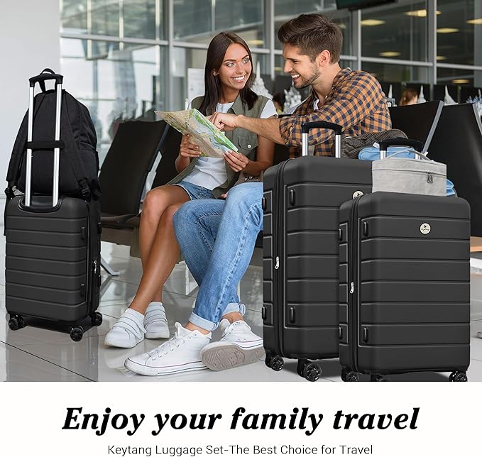 Classic Luggage Sets 5 Piece, Carry-On Luggage with Spinner Wheels, Lightweight Hardside Suitcase Set with TSA Lock,Travel Backpack & Makeup Bag, 20/24/28 inch, Black